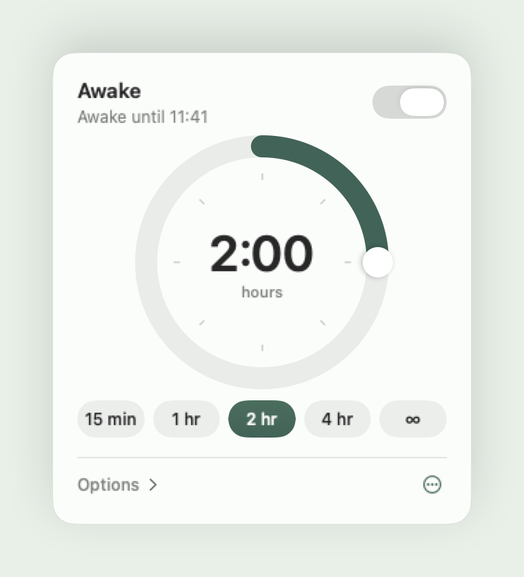 Awake’s menu-bar panel with its timer dial and presets.