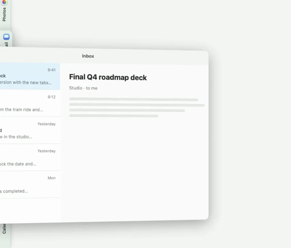 A Mail window moves into a tab at the edge of the screen.
