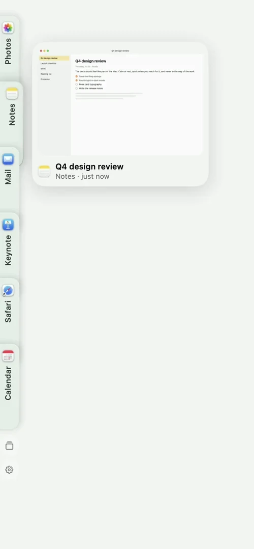 A deck of window tabs fans open and shows a preview of a Notes window.