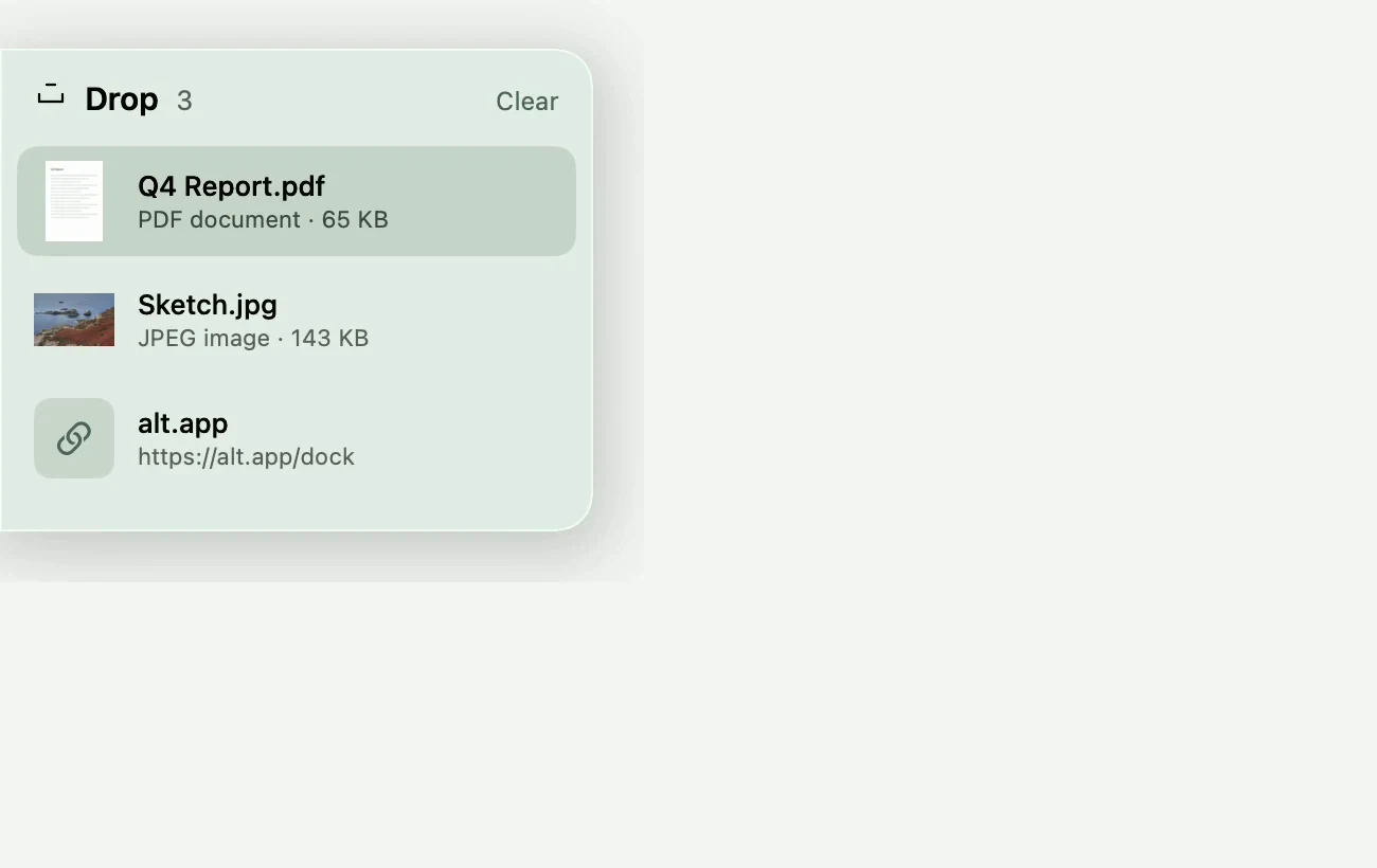 Drop holding files, text and a link at the edge of the screen.