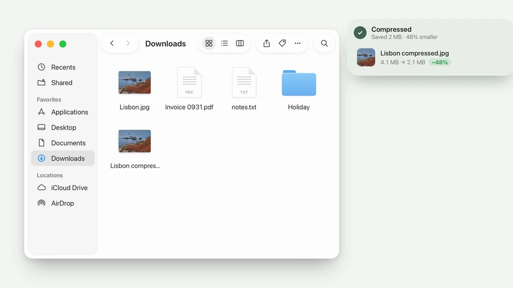 A photo is right-clicked, Convert then Compress is chosen, and a 48% smaller copy appears beside it.